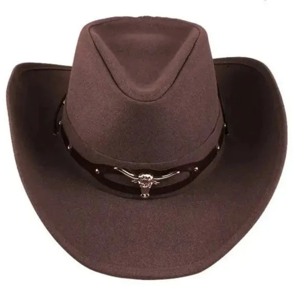 Chapeau Western en Cuir avec Bandeau Tête de Taureau