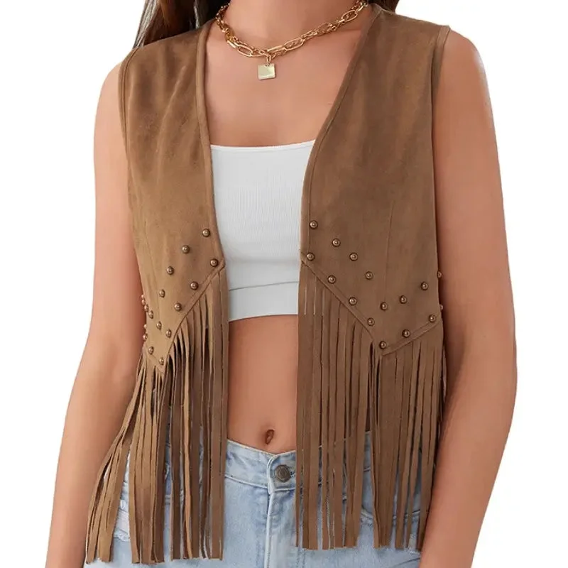 Gilet sans manche western femme en daim